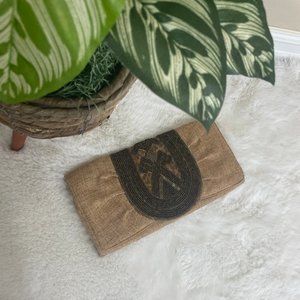 Chico's beaded burlap foldover evening cocktail tropical safari clutch bag